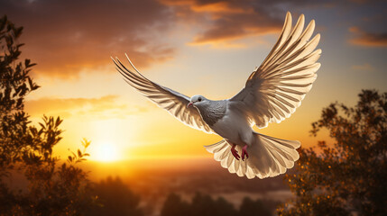 A dove carrying an olive branch, a timeless symbol of peace, flying against a vibrant sunset sky Generative AI - obrazy, fototapety, plakaty