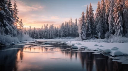 Foto auf Leinwand Winter wonderland. River in snowy forest © Nick Alias