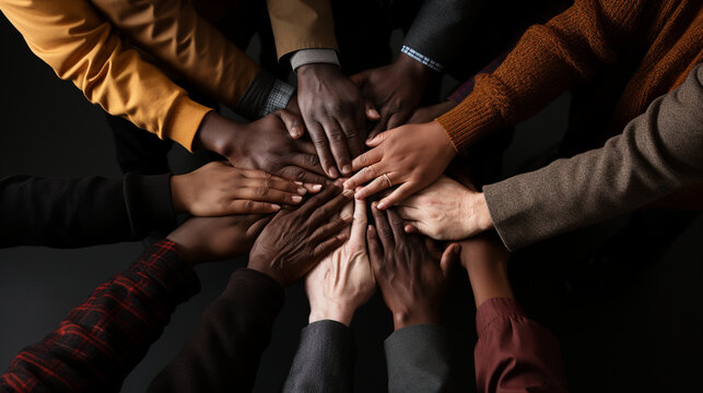Hands of different ethnicities united in a circle, showcasing the power of global unity and peace Generative AI