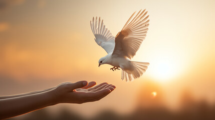 Hands releasing a white dove into the sky, marking the commitment to peace and freedom Generative AI - obrazy, fototapety, plakaty