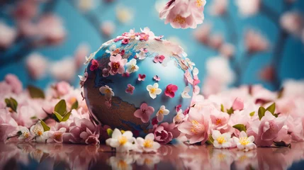 Fotobehang A world globe surrounded by blooming flowers, showcasing the potential of peace to blossom globally  © Наталья Евтехова