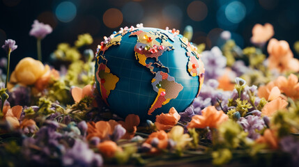 Obraz na płótnie Canvas A world globe surrounded by blooming flowers, showcasing the potential of peace to blossom globally 