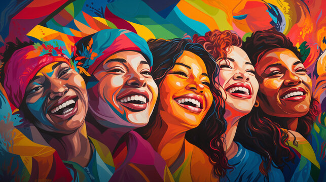 A vibrant mural depicting people from diverse backgrounds embracing each other in friendship Generative AI