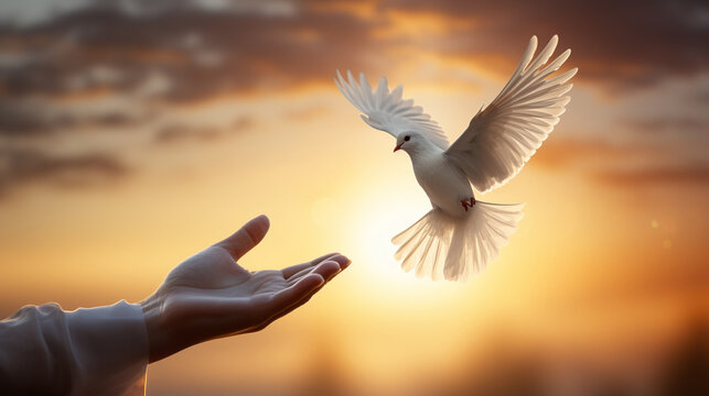 Hands releasing a white dove into the sky, marking the commitment to peace and freedom Generative AI © Наталья Евтехова
