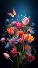 Colorful tulip bouquet with butterfly, vibrant floral composition