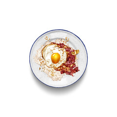 Corned Beef Silog - A Hearty Filipino Breakfast Classic. This realistic illustration showcases a mound of slightly salty beef, accompanied by fried garlic rice and sunny-side-up egg.