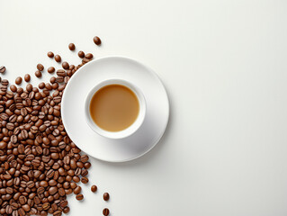 top down photo of a cup of coffee with coffee beans