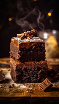 Rich brownie chocolate fudge pieces stacked created with Generative AI technology