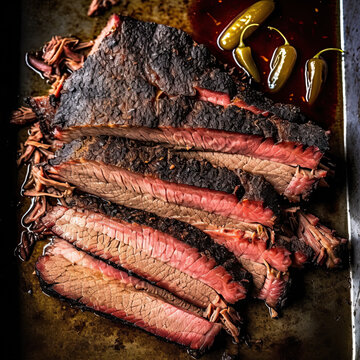 Sliced smoked brisket sliced with dry rub seasoning created with Generative AI technology