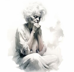 White old woman in thinking and doubts watercolor illustration. Female character with dreamy face on abstract background. Ai generated watercolor soft colored poster.