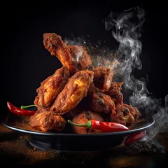 Tuinposter Smoking hot chicken wings piled on plate with chili peppers and smoke rising created with Generative AI technology © Lynne Ann Mitchell