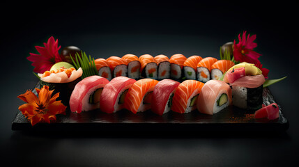 Japanese sushi rolls laid out on plate created with Generative AI technology