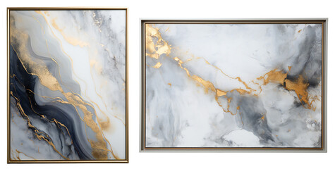 A set of abstract gray-gold wall paintings in the frame. Modern interior design. Minimalistic abstraction. Isolated on a transparent background. KI.