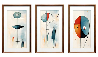 A set of minimalistic wall paintings with an abstraction in a wooden frame. Modern interior design. Colorful oil abstraction. Isolated on a transparent background. KI.