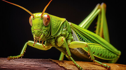macro close up of a  green grasshopper on a black background
