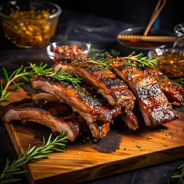 Sliced pork ribs on cutting board with glaze and herbs created with Generative AI technology