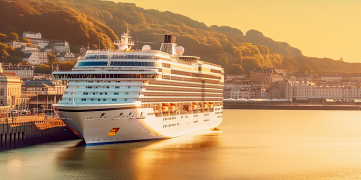 Sea travel banner with white cruise ship at European city harbor at sunset. Floating liner in Europe. Sea vacation. Cruise, travel, relax and resort concept. Banner size, copy space