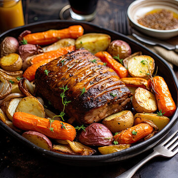Perfectly cooked roast with onions carrots and potatoes on a serving platter created with Generative AI technology