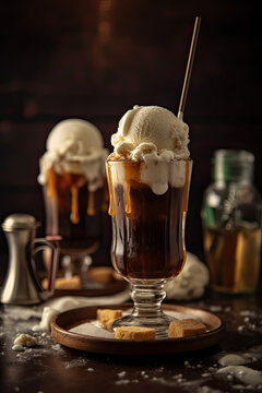 Root beer floats in tall glasses topped with vanilla ice cream created with Generative AI technology