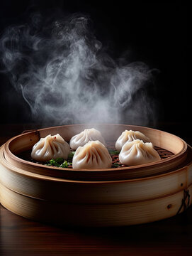 Group of steamed dumplings in a bamboo steamer with rising steam created with Generative AI technology