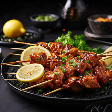 Skewers of yakiniku chicken and green onions on a platter created with Generative AI technology