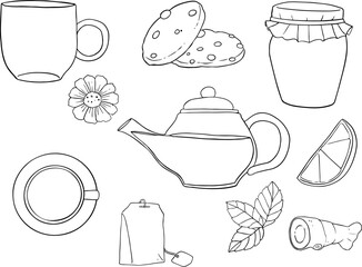 Hand drawn illustration kitchen tools. cookie, cup and lemon © Naichoui