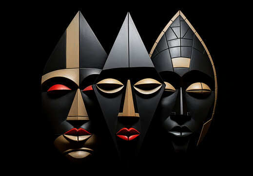 Three abstract geometric faces isolated on a black background. Bold, vivid constructs. Emotion