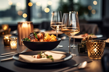 Elegant table setting with candles in restaurant. Selective focus. Romantic dinner setting with candles on table in restaurant.