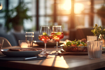 Elegant table setting with candles in restaurant. Selective focus. Romantic dinner setting with candles on table in restaurant.