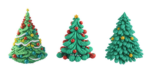 Naklejka na ściany i meble a set of Christmas trees in plasticine style, on a transparent background, generated by AI