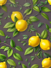 Floral lemons leaves papercut duotone painted background.