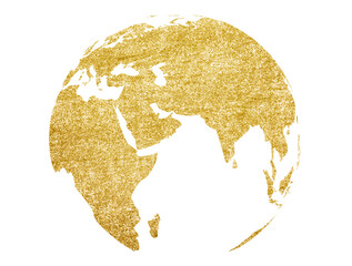 world map in golden globe shape, earth icon isolated on transparent background.