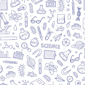 monochrome science seamless pattern with sketched doodles, cartoon elements for wallpaper, backgrounds, wrapping paper, packaging, prints, stationary, scrapbooking, etc. EPS 10