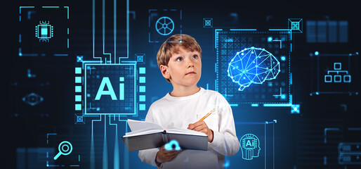 Boy taking notes, digital AI brain hologram with icons and settings