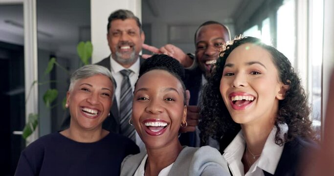 Business people, selfie and happiness in office, startup or corporate team with funny friends, face and social media. Group, profile picture or portrait of employees or staff in workplace together