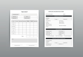Employee Information Form And Office Employee Timesheet Tracker Logbook Interior Vector Template For KDP