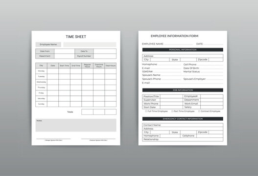 Employee Information Form And Office Employee Timesheet Tracker Logbook Interior Vector Template For KDP