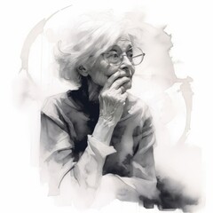 White old woman in thinking and doubts watercolor illustration. Female character with dreamy face on abstract background. Ai generated watercolor poster.