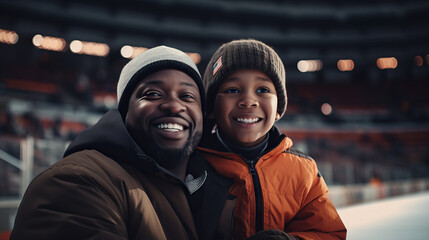African American Father and Son at Hockey Game. Bundled up Smiling. Enjoying the Match. Together in the Stands. Concept of Winter, Game, Sports, Spectating, and Bonding.