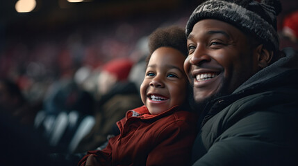 African American Father and Son at Hockey Game. Bundled up Smiling. Enjoying the Match. Together in the Stands. Concept of Winter, Game, Sports, Spectating, and Bonding.