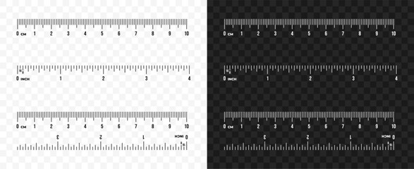 Set of ruler scale 10 cm and 4 inch vector design. Centimeter and inch scale for measuring