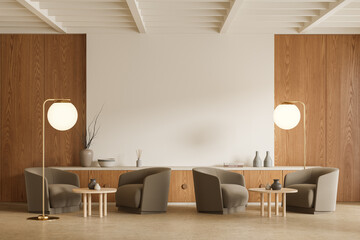 Luxury cafe interior with soft armchairs and decoration, wall mockup