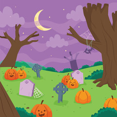 Halloween Garden Decoration Background Vector Illustration. Spooky Scene With Cemetery, Pumpkins, Trees and Spider webs.