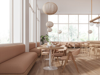 Stylish cafe interior with chairs and table in row, dining space with window