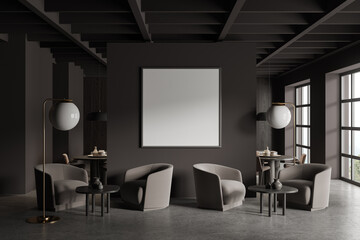 Grey restaurant interior with dining space and panoramic window, mockup frame