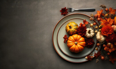 Top view of round plate with fall pumpkins, copy space for text. Creative fall menu banner, halloween party catering.