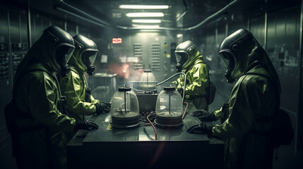 A team of engineers inspecting radiation suits before entering the reactor area Generative AI