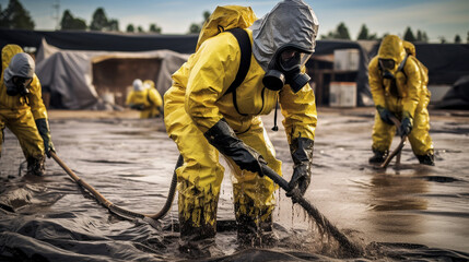 Workers wearing respirators conducting a hazardous material spill drill Generative AI