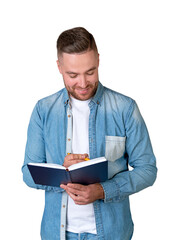 Young man taking notes and smiling, isolated over white background