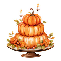 Watercolor pumpkin cake clipart, isolated on white background